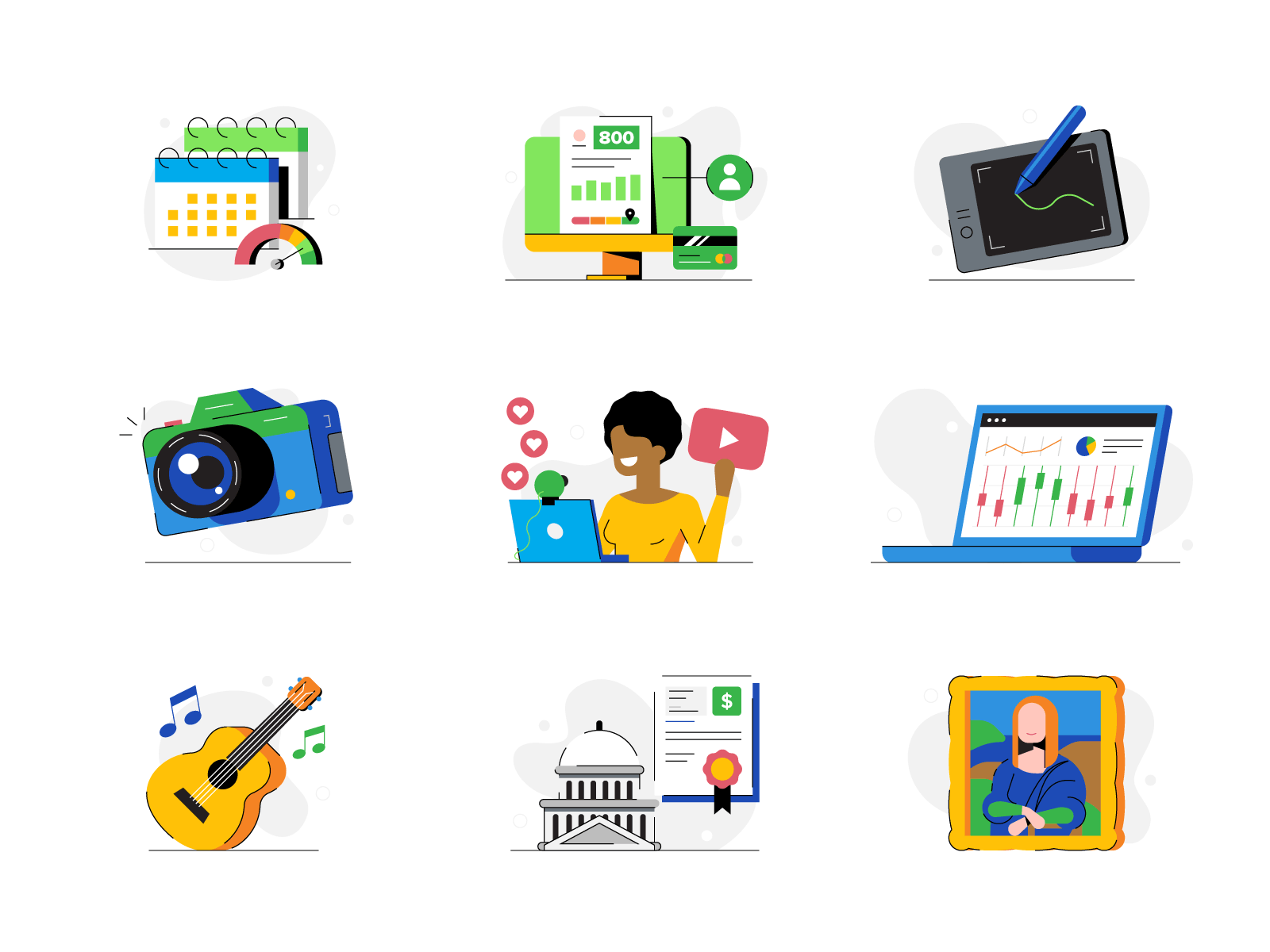 Credit monitoring themed icons bank blog car character credit debt design finance flat graphic illustration infographic money post vector