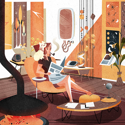 Mid Century Modern evening cat cozy design illustration illustrator interior minimalist texture vector
