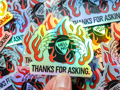 Hell No 8 ball badgedesign branding fire flame fortune graphic design hands hologram illustration illustrator magic 8 merch sticker typography vector