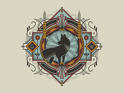 Wolf animal art deco crest filigree graphic design illustration