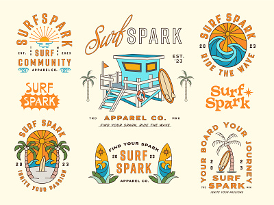 Surf Spark - Design Pack apparel branding clothing brand design geometric illustration lineart logo merchandise surf surf tee surf tshirt surface surfboard surfboards surfer surfing surflife t shirt tee