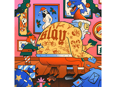 "Slay?" … "Sleigh." character design elf festive season holiday rush illustration mistletoe muti overworked presents santa santasworkshop slay sleigh tattoo texture vector