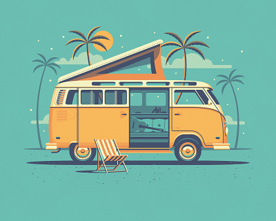 25% Off Summer Dreams Flash Sale beach bus dan kuhlken design dkng dkng studios geometric illustration nathan goldman palm trees poster summer van vector vw bus