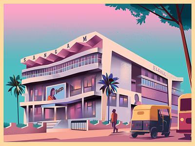 Sangam Theatre - #3 auto rickshaw bangalore illustration india movie series single screen story theatre vector