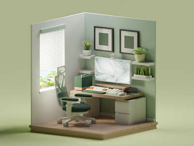 PC setup #3 3d b3d blender green illustration isometric pc room setup
