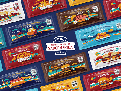 Heinz United States of Saucemerica Packets bbq sauce campaign condiment dan kuhlken dkng dkng studios geometric heinz illustration ketchup mayonaise mustrard nathan goldman packaging design saucemerica tartar vector