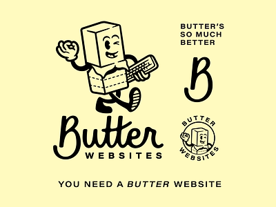 Butter Websites 🧈 badge branding butter butter stick character design cursive illustration lettering logo mascot retro rétro typography vintage web design