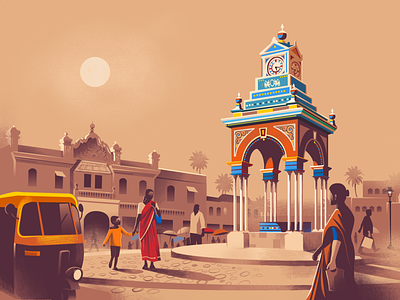 Clock tower - Mysore busy everyday hand made heritage illustration india lifestyle market market street mysore no ia people series south india story street texture vector