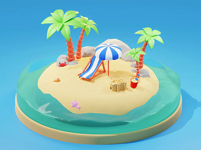 Beach Island - 3D Illustration 3d 3d design 3d illustration 3d modelling animation beach beach island blender holiday illustration island isometric